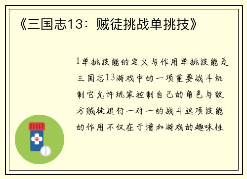 《三国志13：贼徒挑战单挑技》